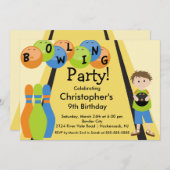 Bowling Birthday Party Invitation Retro Boy Kaart (Voorkant / Achterkant)