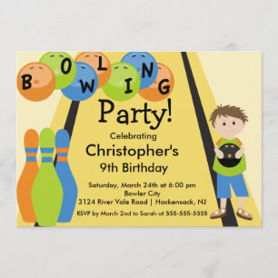 Bowling Birthday Party Invitation Retro Boy Kaart
