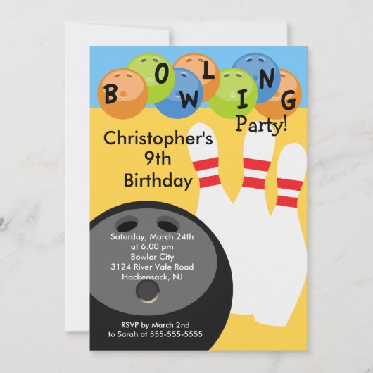 Bowling Birthday Party Invitation Retro Kaart (Voorkant)