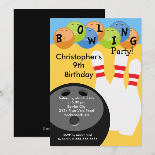 Bowling Birthday Party Invitation Retro Kaart (Voorkant / Achterkant)