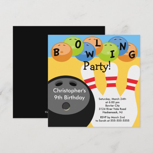 Bowling Birthday Party Invitation Retro Kaart (Voorkant / Achterkant)