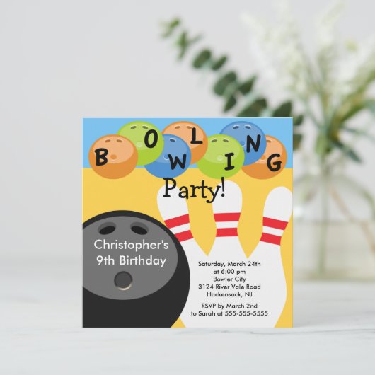 Bowling Birthday Party Invitation Retro Kaart (Staand voorkant)