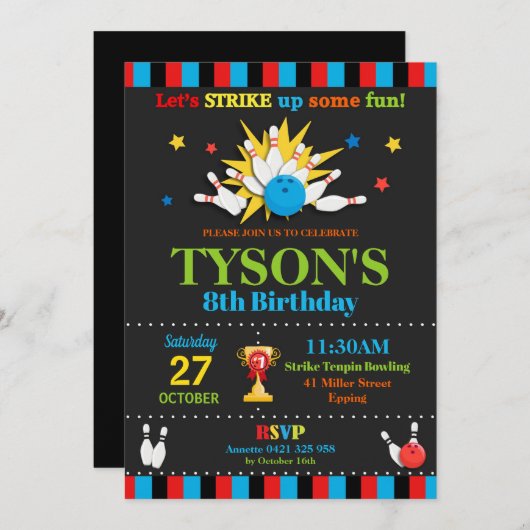 Bowling Birthday Party Invitations Boys Kaart (Voorkant / Achterkant)