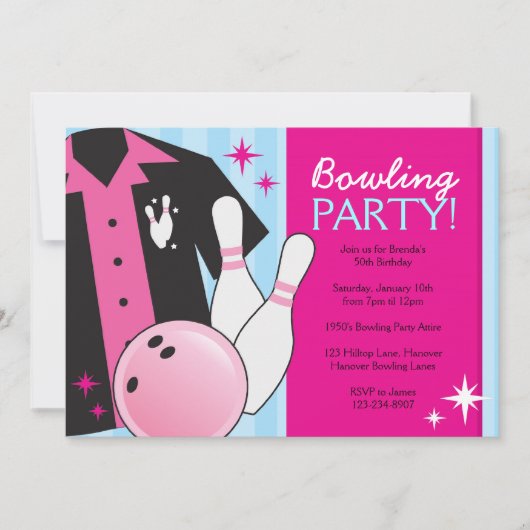 Bowling Birthday Party Invitations in roze Kaart (Voorkant)