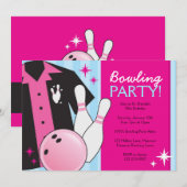 Bowling Birthday Party Invitations in roze Kaart (Voorkant / Achterkant)