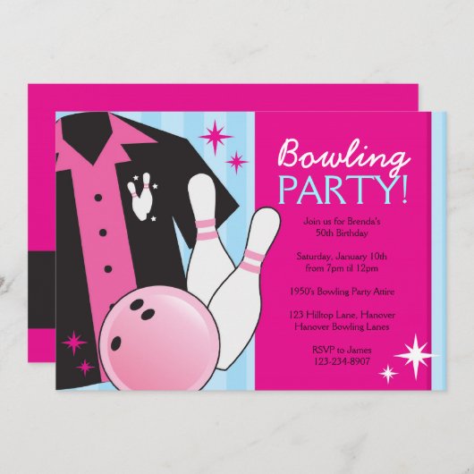 Bowling Birthday Party Invitations in roze Kaart (Voorkant / Achterkant)