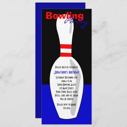 Bowling Birthday Party Invite - Red White en Blue Kaart (Voorkant / Achterkant)