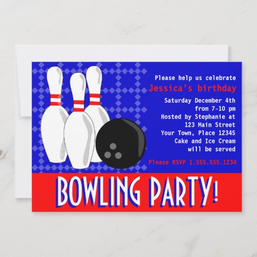 Bowling Birthday Party Invite - Red White en Blue Kaart (Voorkant)