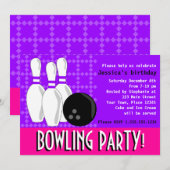 Bowling Birthday Party Invite - Roze en Paars Kaart (Voorkant / Achterkant)