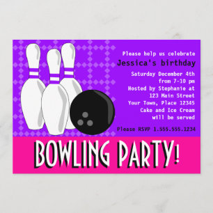 Bowling Birthday Party Invite - Roze en Paars Kaart