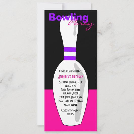 Bowling Birthday Party Invite - Roze zwart Paars Kaart (Voorkant)