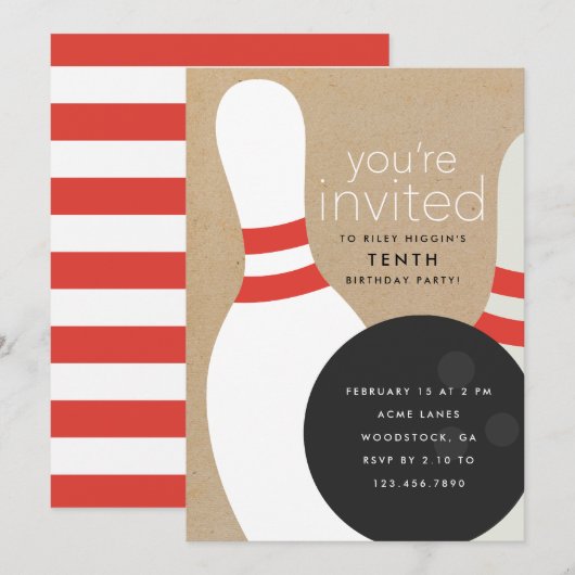 Bowling Birthday Party Kaart (Voorkant / Achterkant)