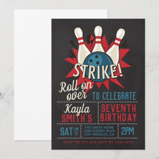 Bowling Birthday Party Kaart (Voorkant / Achterkant)