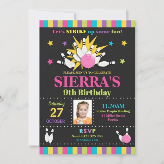 Bowling Birthday Party nodigt meisjes uit Kaart (Voorkant)