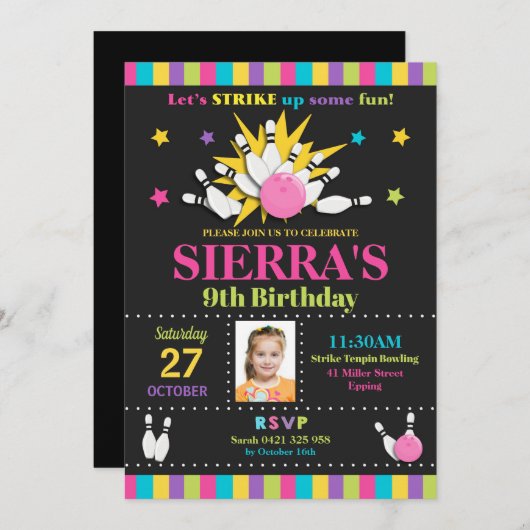 Bowling Birthday Party nodigt meisjes uit Kaart (Voorkant / Achterkant)