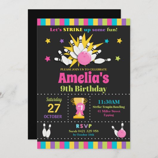 Bowling Birthday Party nodigt meisjes uit Kaart (Voorkant / Achterkant)