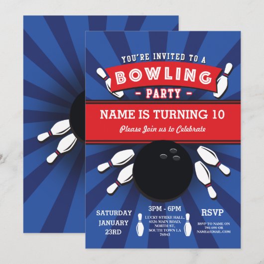 Bowling Birthday Party Tenpin Lucky Strike Invite Kaart (Voorkant / Achterkant)