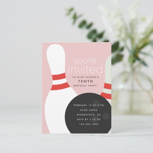 Bowling Birthday Party Uitnodiging Briefkaart (Staand voorkant)
