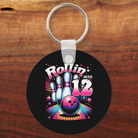 Bowling Birthday Rollin Into 12 Party 12th Bday Re Sleutelhanger (Voorkant)