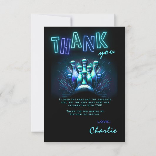 Bowling Birthday Thank You Card Boys Blue Neon Kaart (Voorkant)