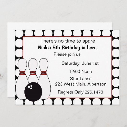 Bowling Birthday uitnodiging rood en zwart (Voorkant / Achterkant)
