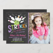 Bowling Birthday Uitnodiging Roze Paars meisje (Voorkant / Achterkant)
