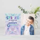 Bowling Blue Strike Photo Bowl Boys Birthday Kaart (Staand voorkant)