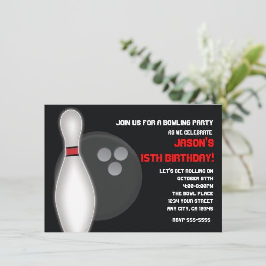 Bowling Bowl verjaardagsfeestje uitnodiging jongen (Staand voorkant)