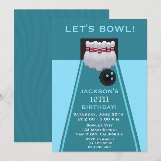 Bowling Boy Birthday Party Invitation Kaart (Voorkant / Achterkant)
