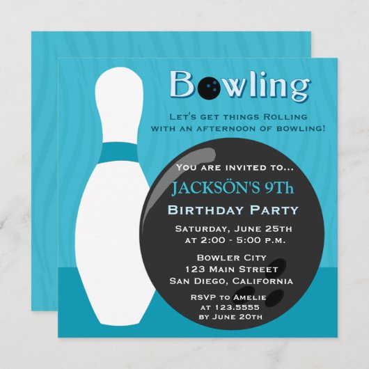 Bowling Boy Birthday Party Invitation Kaart (Voorkant / Achterkant)