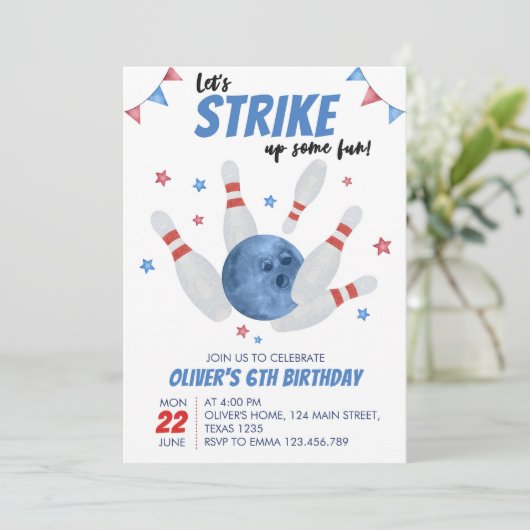 Bowling Boy Birthday Uitnodiging breekt een beetje (Staand voorkant)