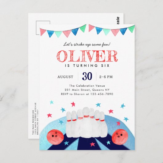 Bowling Boy Verjaardagsfeestje Strike Up Some Fun Briefkaart (Voorkant / Achterkant)