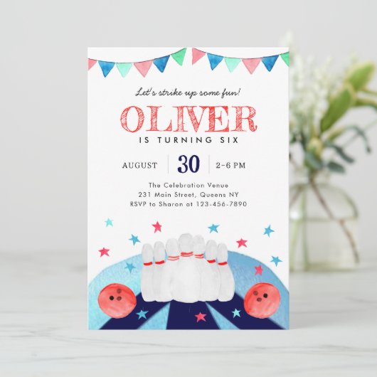 Bowling Boy Verjaardagsfeestje Strike Up Some Fun Kaart (Staand voorkant)