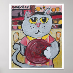 Bowling Cat Folk Art Fun Sport Painting Poster