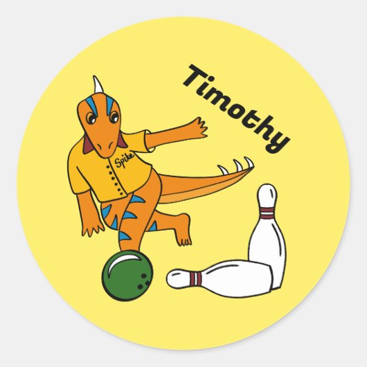 Bowling Dinosaur Cartoon Gepersonaliseerde Bowlers Ronde Sticker (Voorkant)