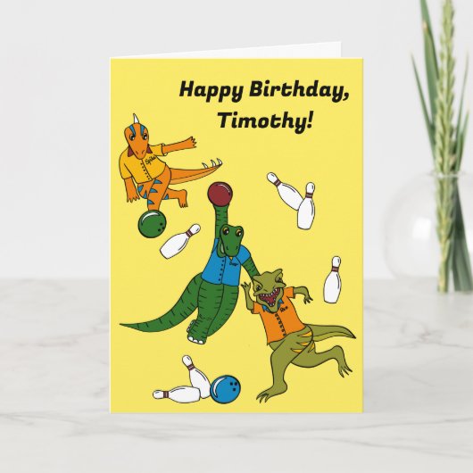 Bowling Dinosaur Cartoons Gepersonaliseerde Bowler Kaart (Voorkant)