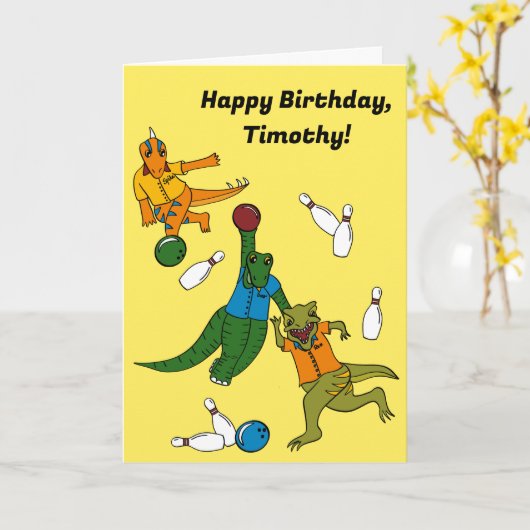 Bowling Dinosaurs Cartoons Gepersonaliseerde Bowle Kaart (Gele Bloem)