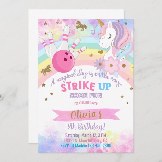 Bowling en Eenhoorn meisje verjaardagsuitnodiging. Kaart (Voorkant / Achterkant)