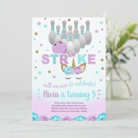 Bowling en eenhoorn meisje verjaardagsuitnodiging. kaart (Staand voorkant)