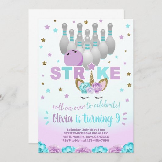 Bowling en eenhoorn meisje verjaardagsuitnodiging. kaart (Voorkant / Achterkant)