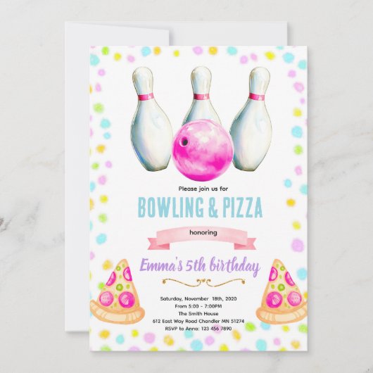 Bowling en pizza meisjesfeest uitnodiging (Voorkant)