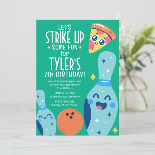 Bowling en Pizza Retro Verjaardagsfeest Uitnodigin Kaart (Staand voorkant)