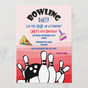 Bowling Feest Uitnodiging Bal en Pins Pizza en Taa