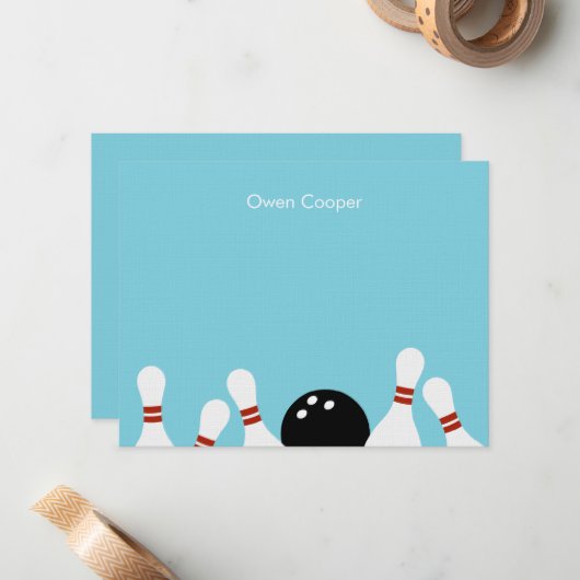 Bowling Fun - Hartelijk dank (Turquoise) Notitiekaartje (Voorkant / Achterkant in situ)