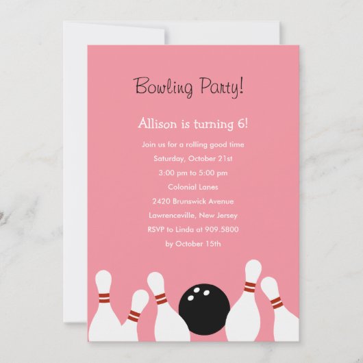 Bowling Fun Party Invitation (roze) Kaart (Voorkant)