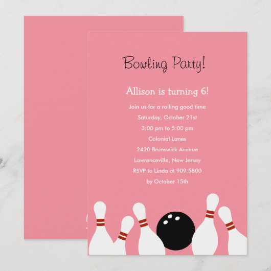 Bowling Fun Party Invitation (roze) Kaart (Voorkant / Achterkant)