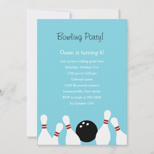Bowling Fun Party Invitation (Turquoise) Kaart (Voorkant)
