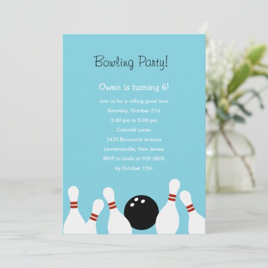 Bowling Fun Party Invitation (Turquoise) Kaart (Staand voorkant)