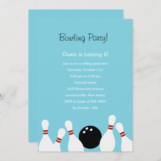 Bowling Fun Party Invitation (Turquoise) Kaart (Voorkant / Achterkant)