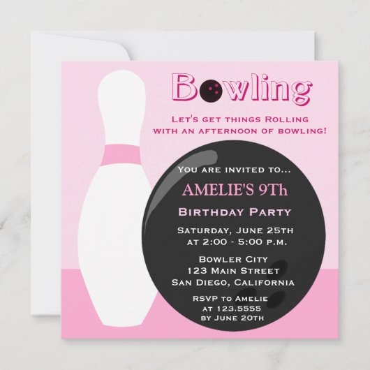 Bowling Girl Birthday Party Invitation Kaart (Voorkant)